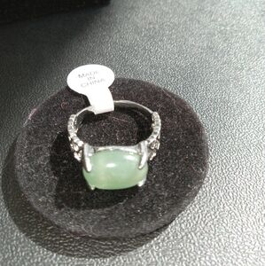 Green Enamel And Silver Plated ring With Heart Band for women